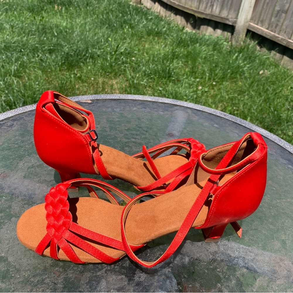 (NEVER WORN) Red Braided Ankle-Strap Women's Heels, great for Latin dancing